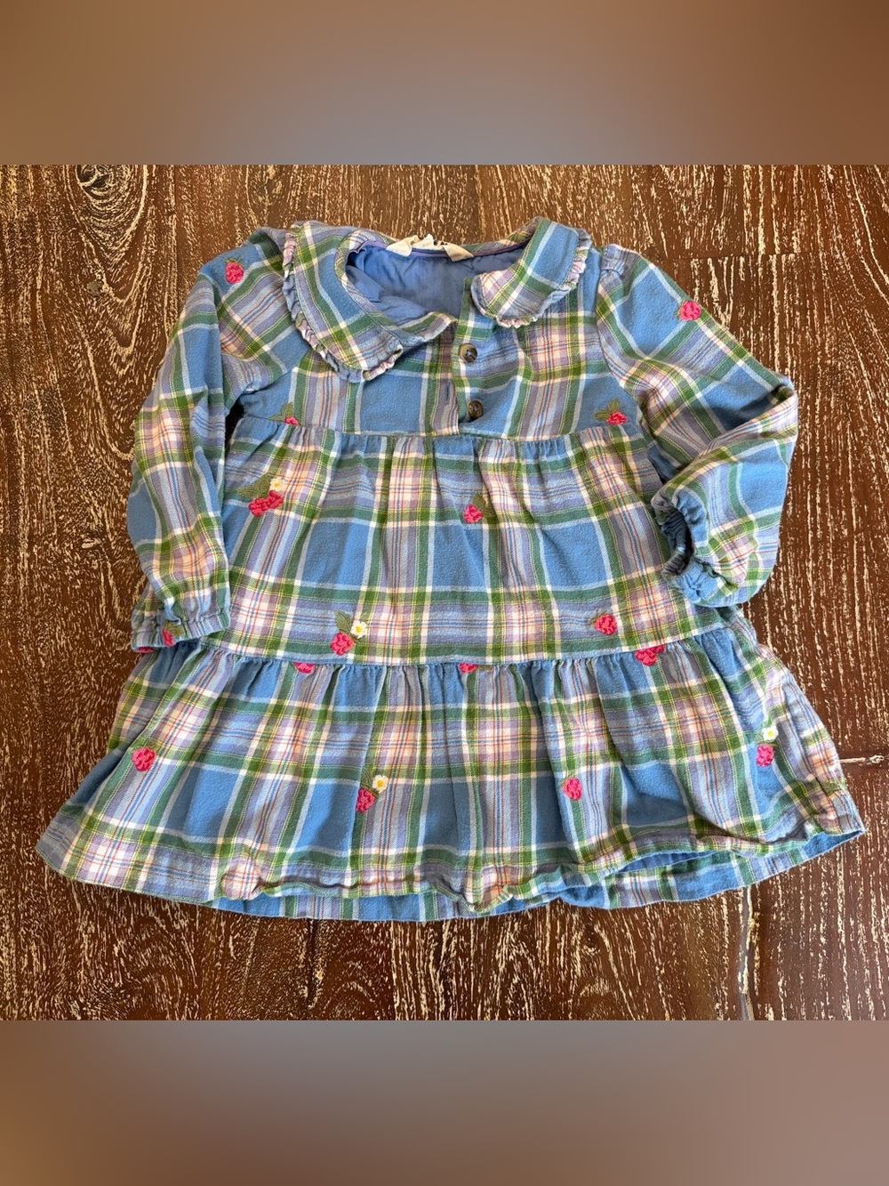 Mini Boden Blue Plaid Shirt Dress with Pink & Green Accents